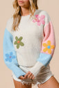 Colorblock Floral Embroidered Fuzzy Sweater