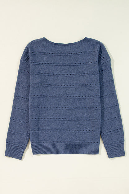 Pointelle Knit Boat Neck Drop Shoulder Sweater