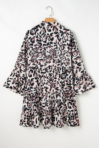 Leopard 3/4 Sleeve Ruffle Hem Dress