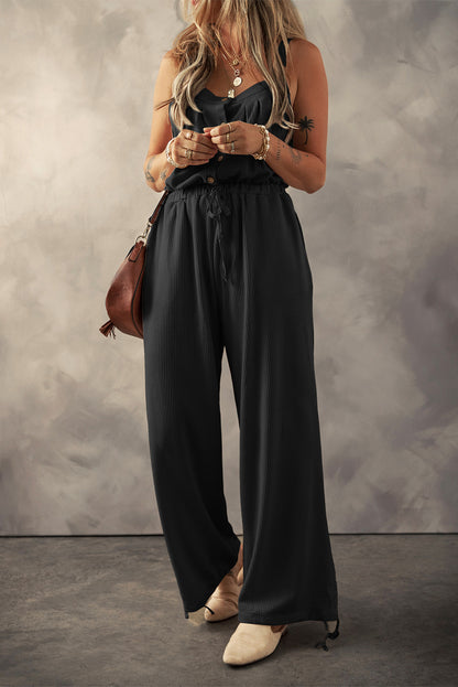 Waffle Button Front Pocketed Jumpsuit