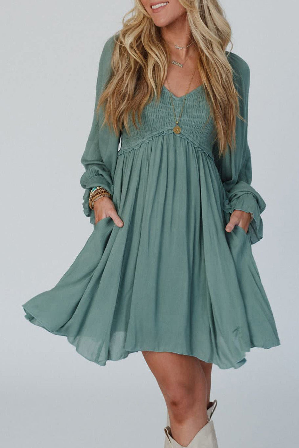 Smocked Puff Sleeve Babydoll Dress