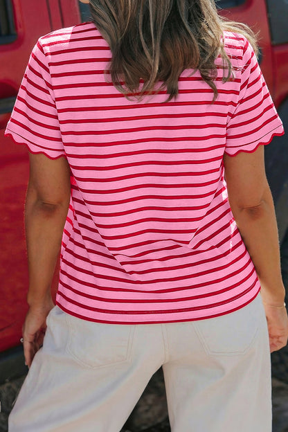 Stripe Scallop Trim Round Neck T-Shirt