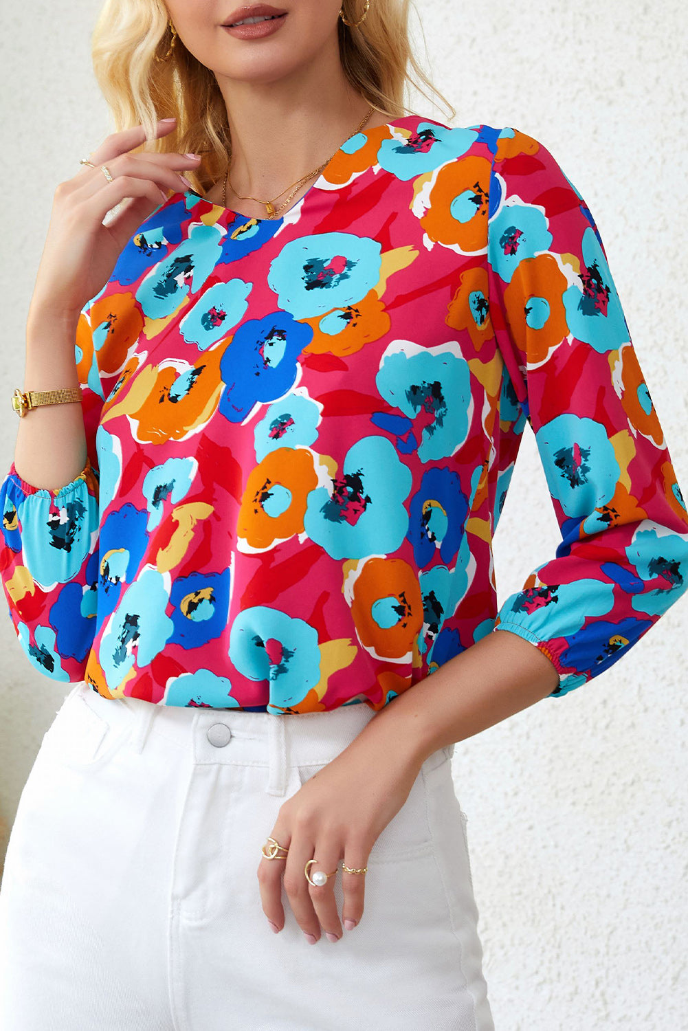 Floral V-Neck 3/4 Sleeve Blouse