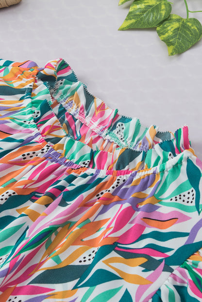 Abstract Floral Ruffle Flutter Sleeve Blouse