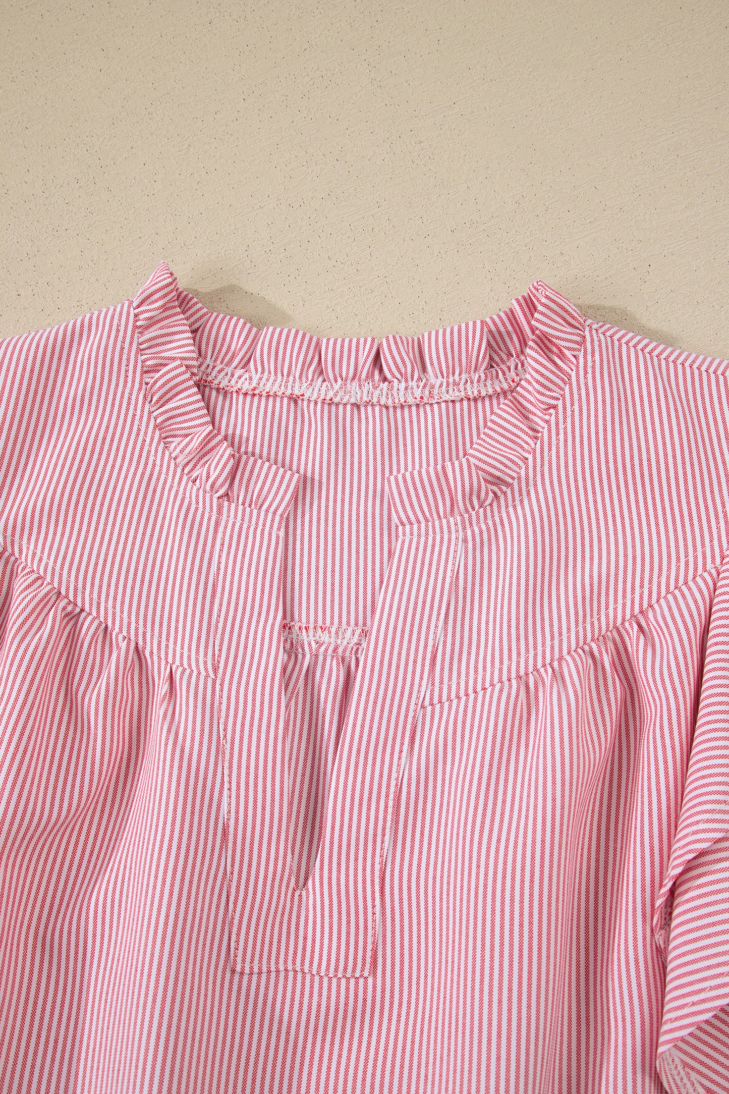 Stripe Frilled Split Neck Ruffle Sleeve Blouse