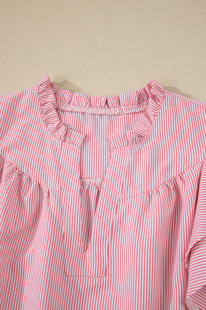Stripe Frilled Split Neck Ruffle Sleeve Blouse