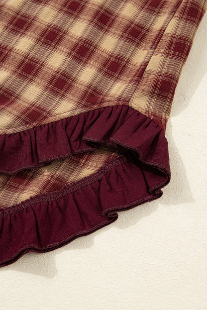 Plaid Patchwork Ruffle Hem Long Sleeve Mini Dress