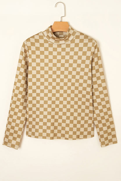 Checker Ribbed Knit Turtleneck Long Sleeve Tee