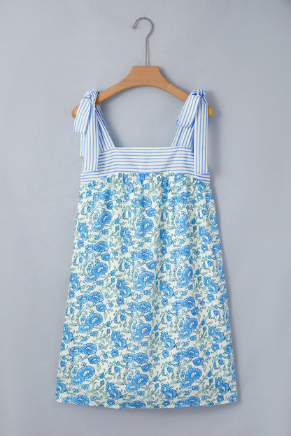 Floral Stripe Patchwork Bow Tie Strap Dress