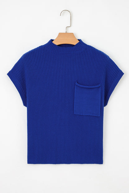 Solid Ribbed Knit Patch Pocket Short Sleeve Top