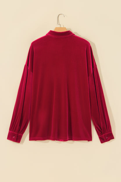 Solid Velvet Pocketed Long Sleeve Buttoned Shirt