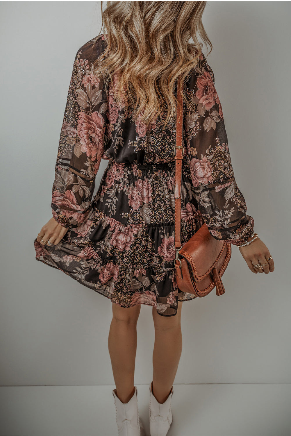 Vintage Floral Puff Sleeve Waist Dress