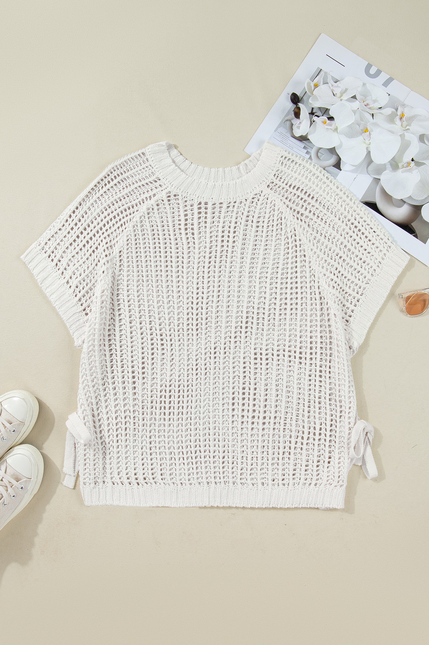 Plus Size Crochet Bow Tie Short Sleeve Sweater