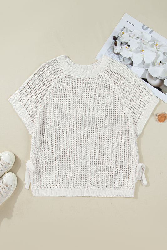 Plus Size Crochet Bow Tie Short Sleeve Sweater