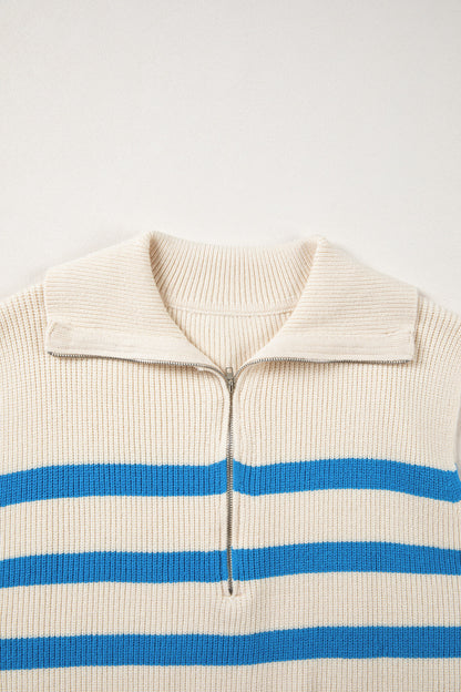 Stripe Ribbed Half-Zip Collar Sleeveless Sweater