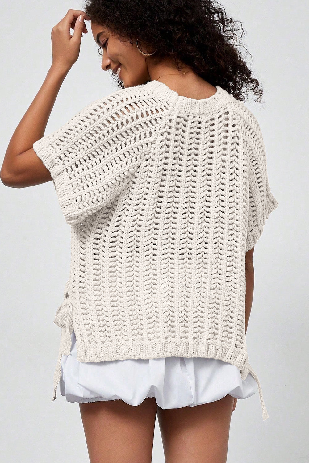 Plus Size Crochet Bow Tie Short Sleeve Sweater