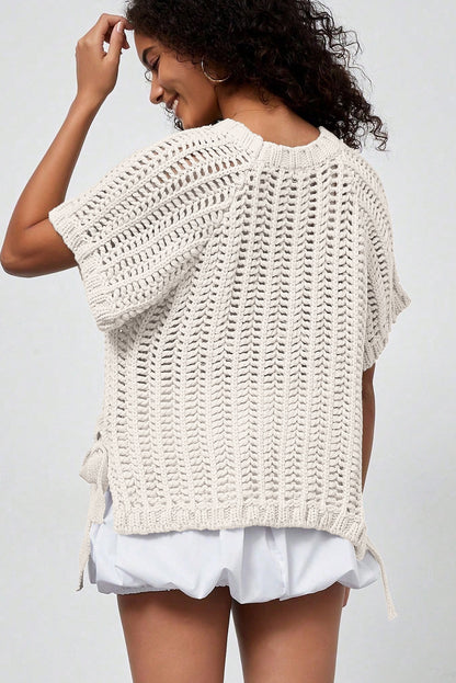 Plus Size Crochet Bow Tie Short Sleeve Sweater