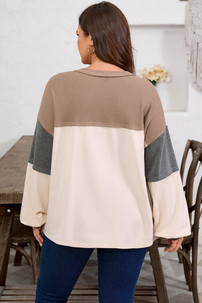 Plus Size Colorblock Waffle Knit Patchwork Half-Button Top