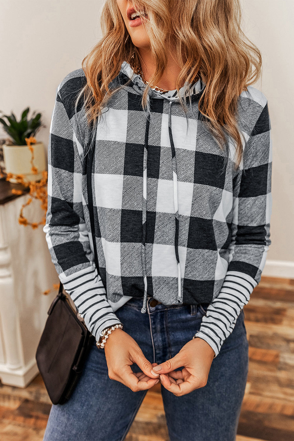 Plaid Stripe Patchwork Drawstring Hoodie