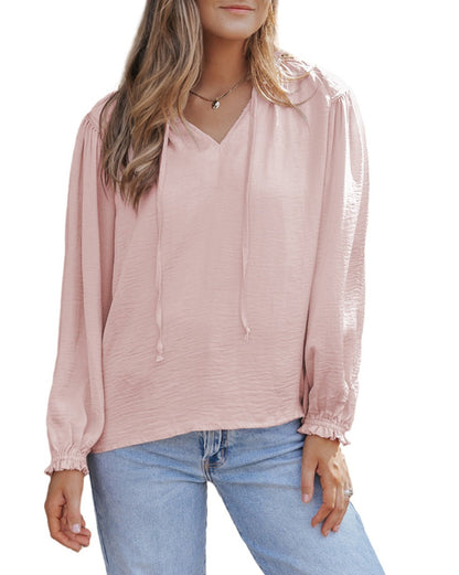 Pleated Balloon Sleeve V-Neck Blouse