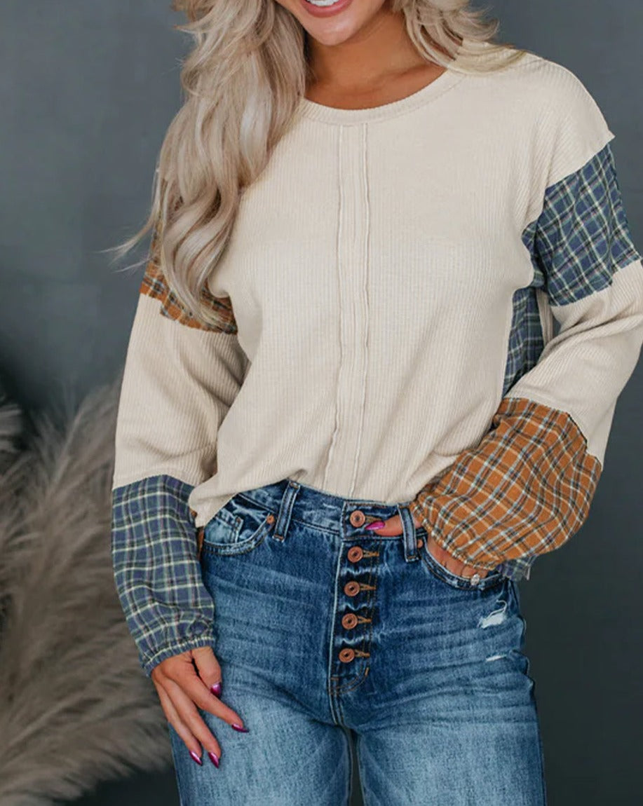 Plaid Colorblock Raw Seam Top