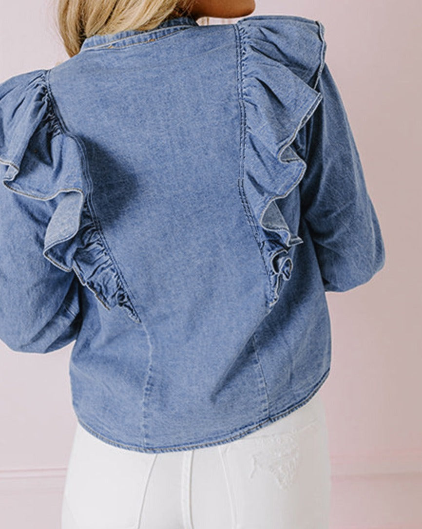 Denim Ruffle Long Sleeve Top