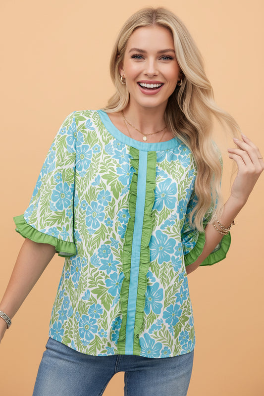 Floral Ruffle Colorblock Trim Short Sleeve Blouse