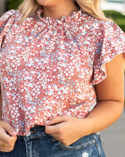 Floral Frilled Flutter Sleeve Blouse Plus Size