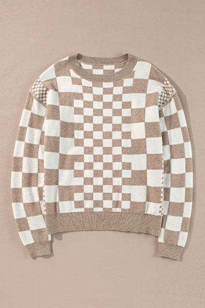 Checker Round Neck Drop Shoulder Sweater