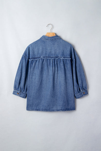 Denim Chest Pocket 3/4 Sleeve Loose Buttoned Shirt