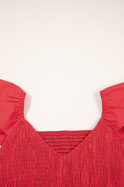 Solid V-Neck Flutter Sleeve Ruffle Maxi Dress