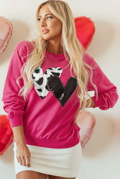 Valentine Heart Sequin and Cow Patchwork Sweatshirt