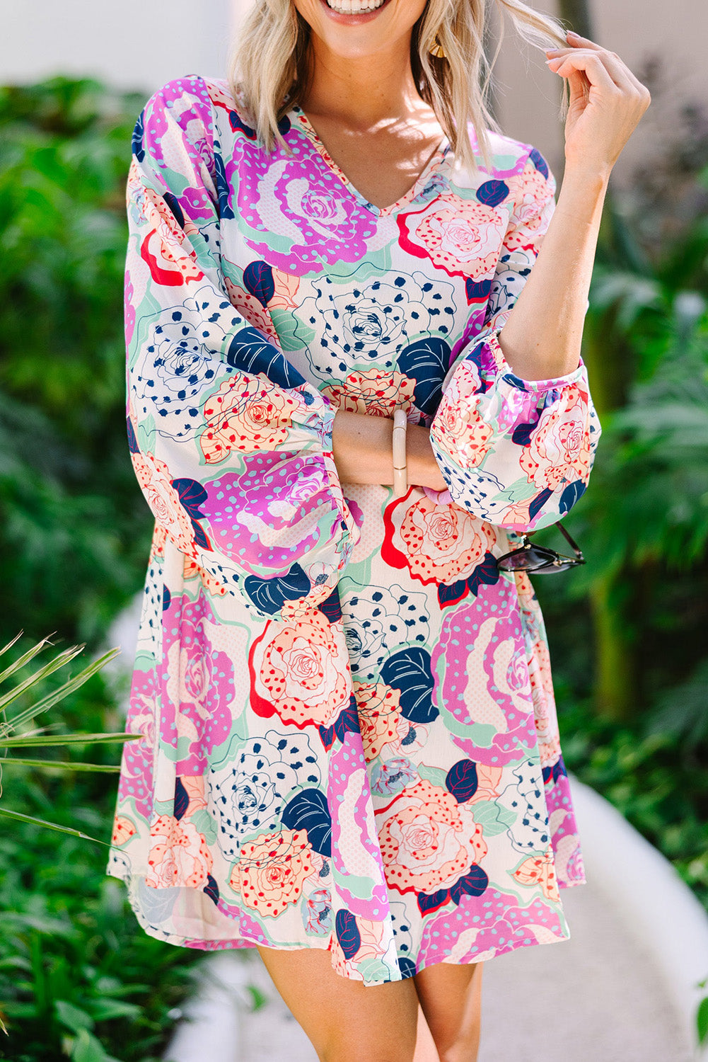 Floral Retro 3/4 Bubble Sleeve Dress