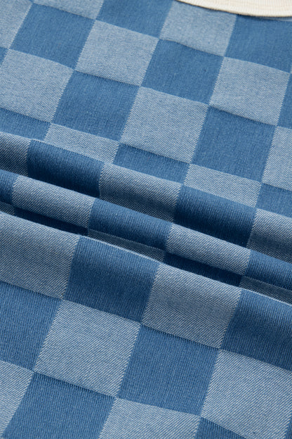 Checker Denim Patchwork Short Sleeve Loose Top