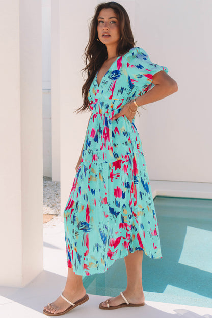Abstract Short Puff Sleeve Tiered Maxi Dress