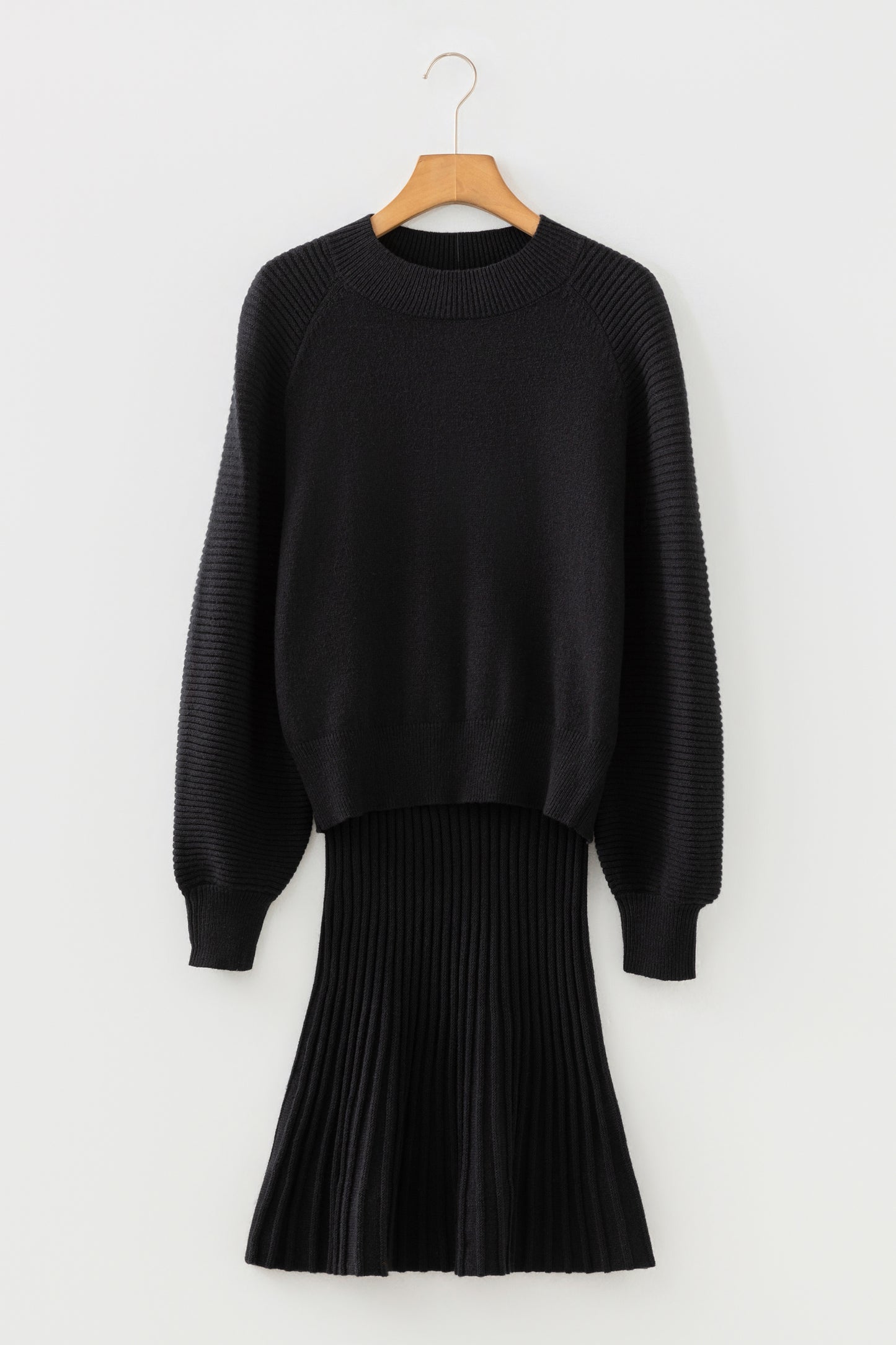 Solid High Neck Sweater and Pleated Mini Skirt Set