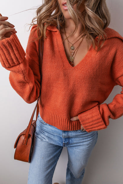 Solid Collared V-Neck Ribbed Edge Sweater