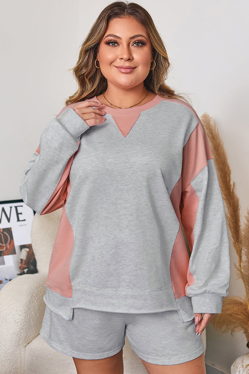 Plus Size Colorblock Pullover and Shorts Set