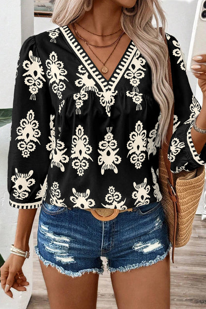 Geometric 3/4 Sleeve V-Neck Blouse