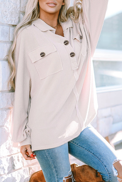 Ribbed Flap Pocket Collared Blouse