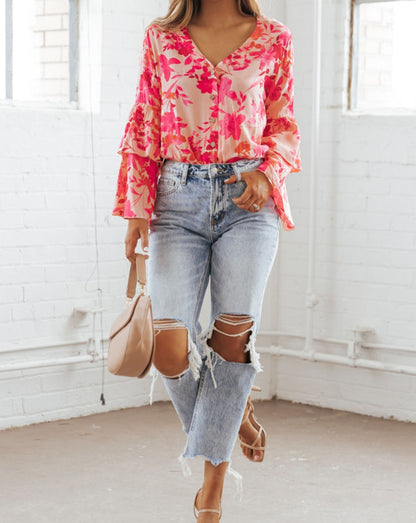 Floral Bell Sleeve Buttoned Bodysuit