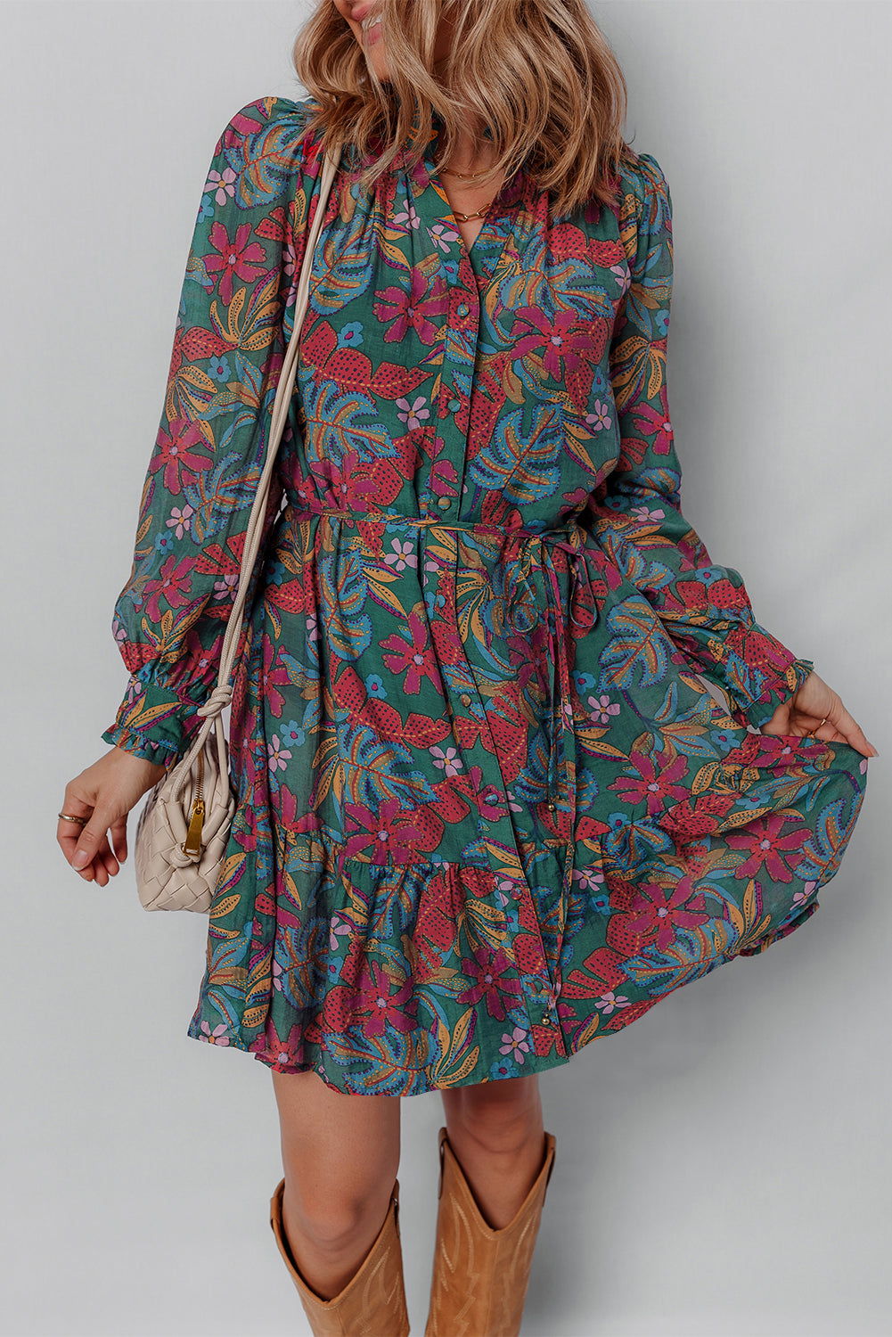 Floral Frilled V-Neck Puff Sleeve Ruffle Shirt Dress