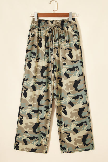 Camo Drawstring Elastic Waist Wide Leg Pants