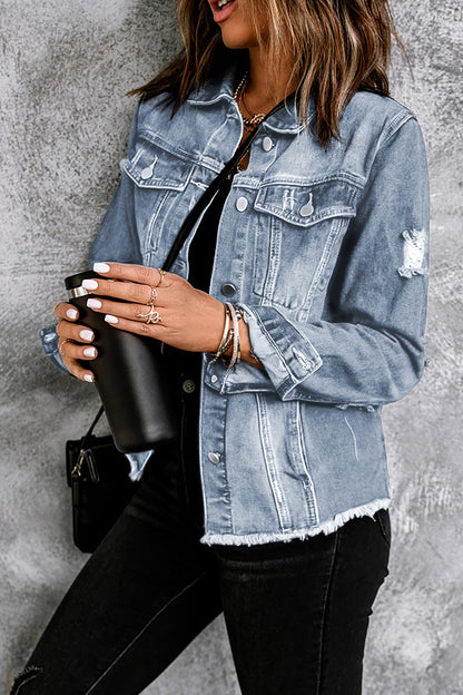 Denim Distressed Raw Hem Jacket