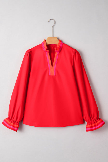 Stripe Trim Ruffle Split Neck Long Sleeve Blouse