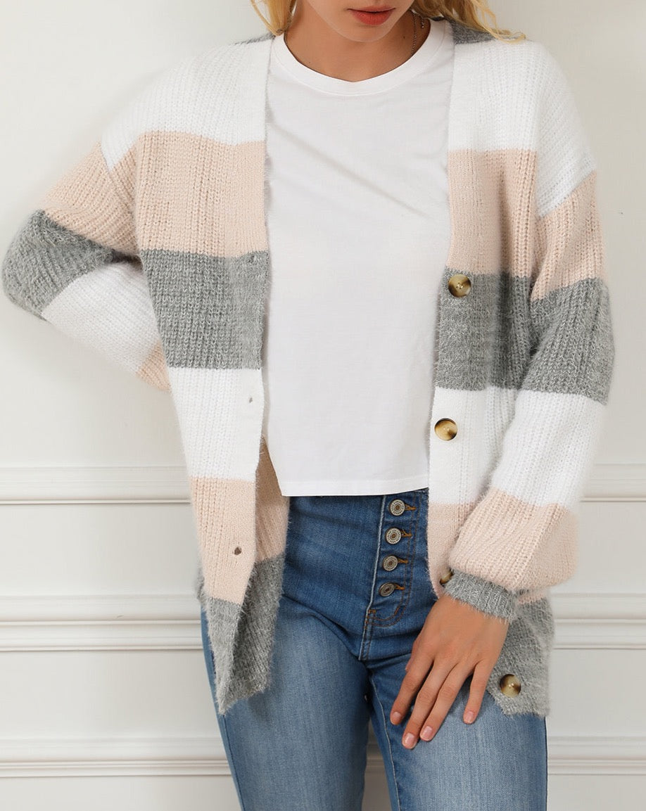 Colorblock Stripe Fuzzy Buttoned Cardigan