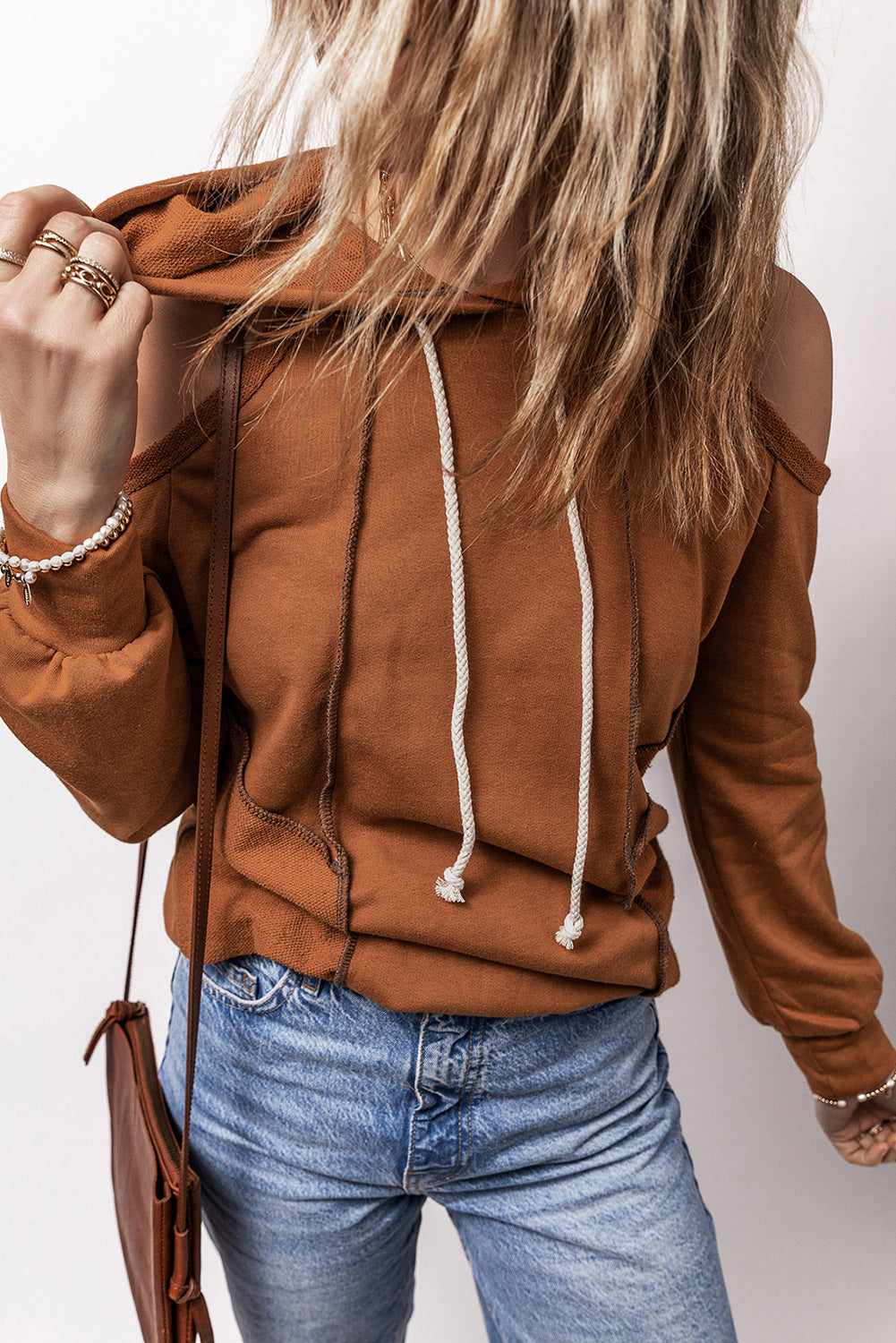 Cold Shoulder Drawstring Hoodie