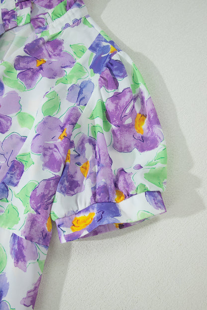 Floral Collared V-Neck Tiered Ruffle Mini Dress
