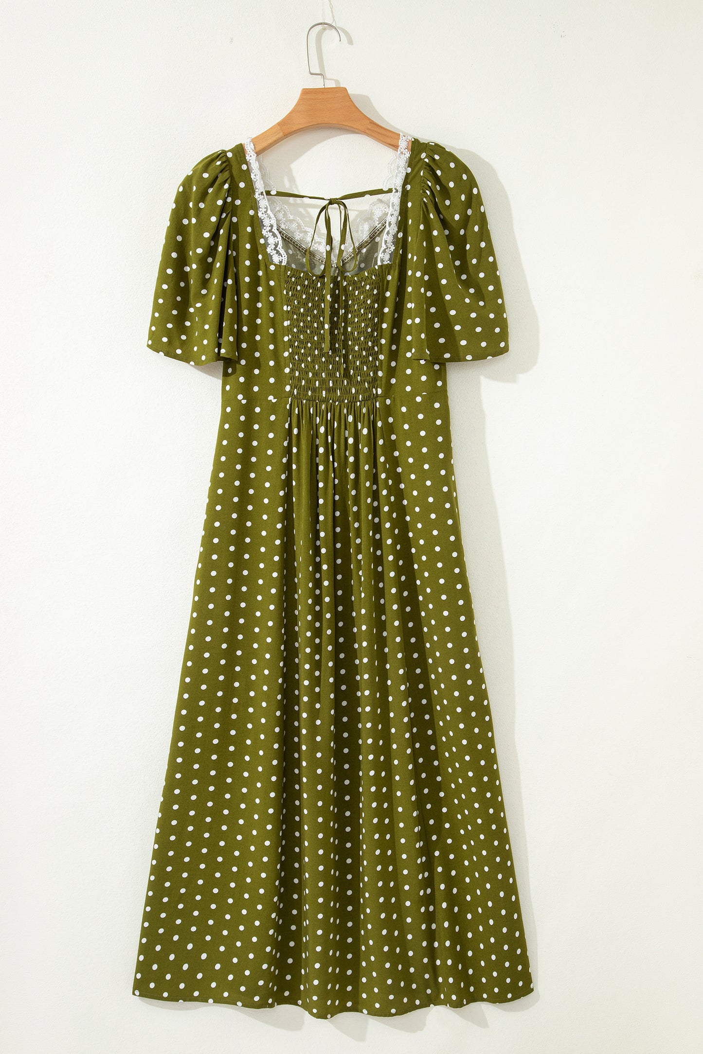 Polka Dot Lace V-Neck Smocked Maxi Dress