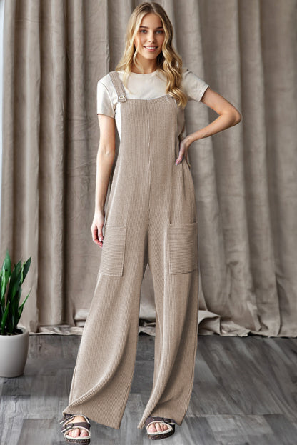 Ribbed Knit Patch Pocket Wide Leg Overalls